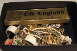 Box of costume jewellery including Old England watch