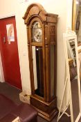 Modern oak cased longcase clock with brass and silvered dial