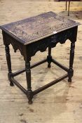Late Victorian carved oak hall table, the frieze drawer with mask carved pull,