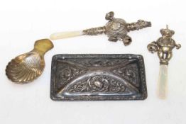 Silver caddy spoon, rattle,