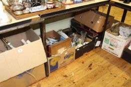 Eight boxes of miscellaneous including china, dolls, teddy bear, silver-plate, oak clock,