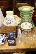 Booths blue scale caddy, Copeland Aesthetic wash jug and bowl, 'Pearl' dessert service,