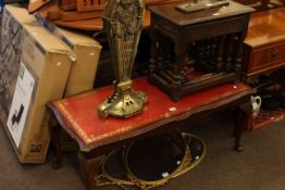 Mahogany leather inset top coffee table and nest of three oak tables