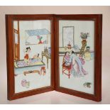 A PAIR OF CHINESE PORCELAIN EROTIC PANELS, in wooden frames. Overall 43cm by 29.
