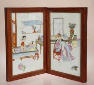 A PAIR OF CHINESE PORCELAIN EROTIC PANELS, in wooden frames. Overall 43cm by 29.