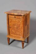 A BURR WALNUT AND MARBLE TOPPED POT CUPBOARD,