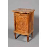 A BURR WALNUT AND MARBLE TOPPED POT CUPBOARD,