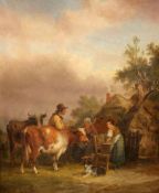 WILLIAM SHAYER SENIOR (1787-1879), FAMILY AND TWO COWS BY A COTTAGE, signed lower left,