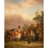 WILLIAM SHAYER SENIOR (1787-1879), FAMILY AND TWO COWS BY A COTTAGE, signed lower left,