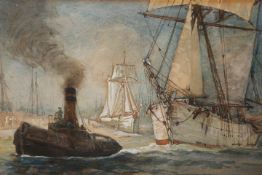 MANNER OF HENRY SCOTT TUKE (1858-1929), TUG BOAT AND SAILING VESSEL, unsigned, watercolour, framed.