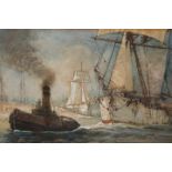 MANNER OF HENRY SCOTT TUKE (1858-1929), TUG BOAT AND SAILING VESSEL, unsigned, watercolour, framed.