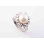 A CULTURED PEARL AND DIAMOND RING,