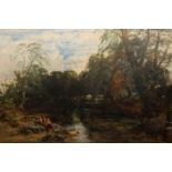JOHN WRIGHT OAKES (1820-1887), FIGURES BY A STREAM, SUMMER, POSSIBLY NORTH WALES, signed lower left,