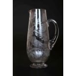 A 19th CENTURY ENGRAVED GLASS WATER JUG, of slender ovoid form,