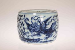 A CHINESE BLUE AND WHITE PORCELAIN JAR AND COVER IN THE MING STYLE, of barrel form,