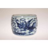 A CHINESE BLUE AND WHITE PORCELAIN JAR AND COVER IN THE MING STYLE, of barrel form,