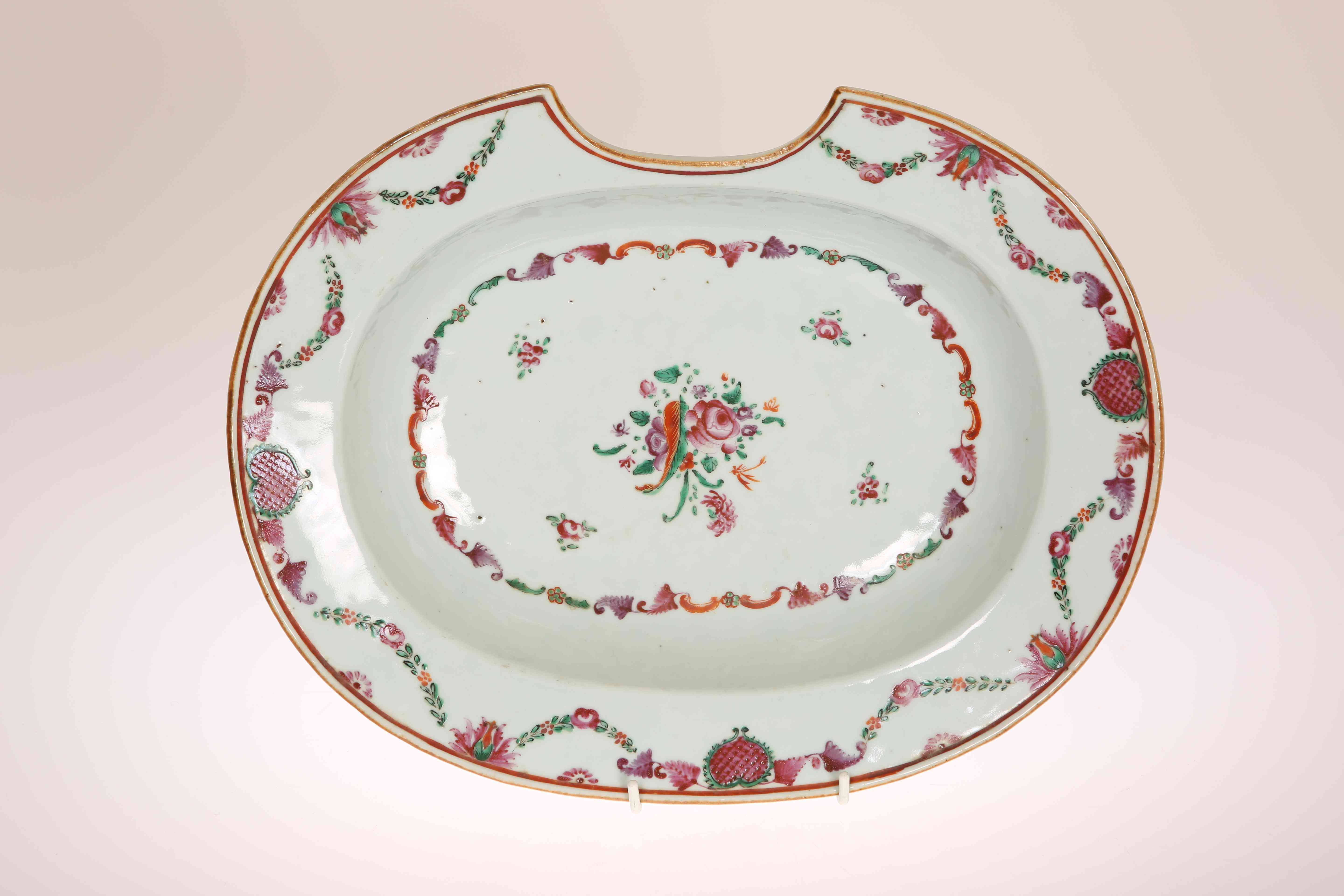 A CHINESE FAMILLE ROSE PORCELAIN BARBER'S BOWL, PROBABLY QIANLONG PERIOD, of oval form,