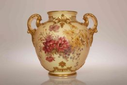 A ROYAL WORCESTER BLUSH IVORY VASE, CIRCA 1896, with twin handles and moulded with scrolls,