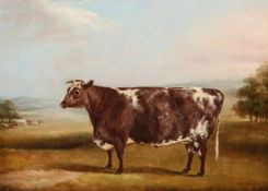 WILLIAM HENRY DAVIS (1795-1865), SHORTHORN COW IN A LANDSCAPE, signed and dated 1861 lower left,