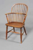 A 19TH CENTURY ELM WINDSOR CHAIR, with spindle back and splayed legs with H-stretcher.