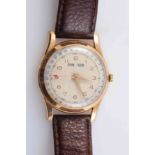 AN 18 CARAT GOLD TRIPLE DATE CALENDAR MANUAL WIND WRISTWATCH, circa 1940's, day and month apertures,