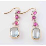 A PAIR OF AQUAMARINE AND RUBY EARRINGS,
