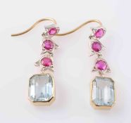 A PAIR OF AQUAMARINE AND RUBY EARRINGS,