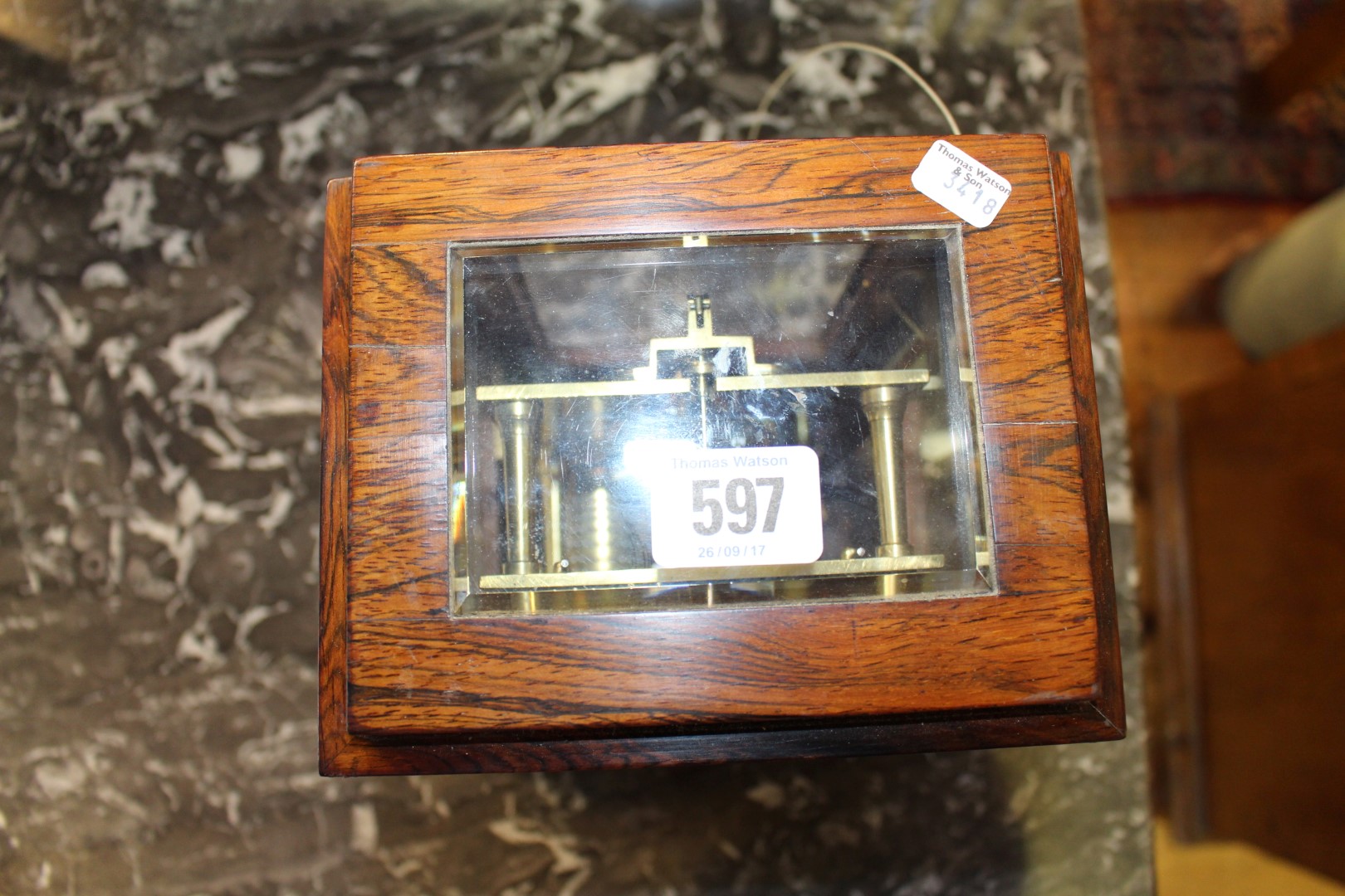 A ROSEWOOD MANTEL CLOCK, CIRCA 1850, with top and side bevelled viewing glasses, - Image 5 of 7