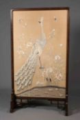 A LARGE JAPANESE SILK SCREEN, early 20th Century, the stained oak moulded frame raised on trestles,