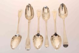 A GROUP OF SIX GEORGE III SILVER TABLE SPOONS, comprising: Old English pattern, Thomas Watson,
