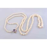 A CULTURED PEARL AND AMETHYST NECKLACE,