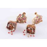A PAIR OF INDIAN RUBY, EMERALD AND SEED PEARL EARRINGS,