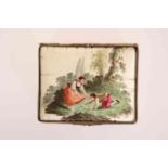 AN 18TH CENTURY ENAMEL SNUFF BOX, the cover painted with a boy and girl and birds,