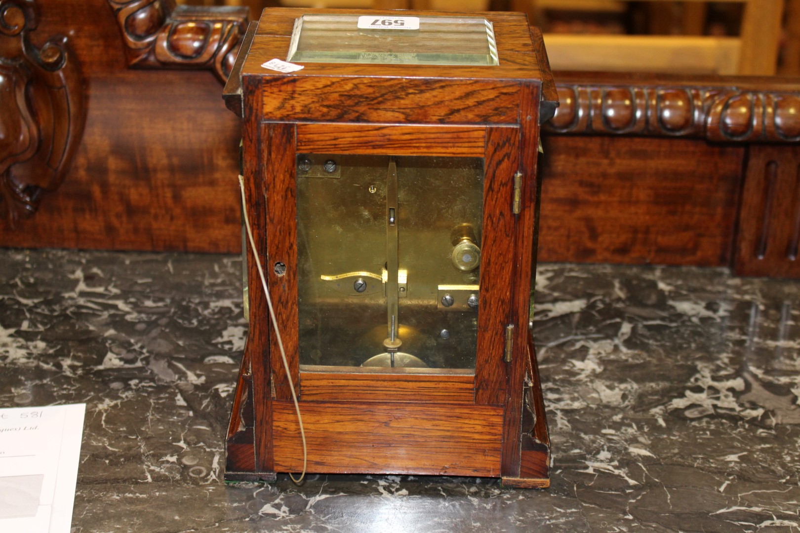 A ROSEWOOD MANTEL CLOCK, CIRCA 1850, with top and side bevelled viewing glasses, - Image 6 of 7