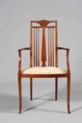 AN ART NOUVEAU INLAID MAHOGANY OPEN ARMCHAIR, DENBY & SPINKS, LEEDS, with slender spindle back,