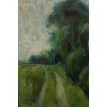 DAVID GEORGE FAWCETT (1935-1973), COUNTRY LANE WITH TREES, oil on board, unframed.