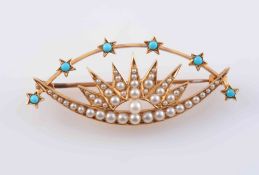 A SEED PEARL AND TURQUOISE BROOCH, circa 1900,