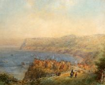 GEORGE WEATHERILL (1810-1890), OVERLOOKING ROBIN HOOD'S BAY, unsigned, watercolour, framed.