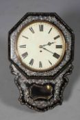 A VICTORIAN MOTHER-OF-PEARL INLAID PAPIER-MACHE DROP-DIAL SINGLE FUSEE WALL CLOCK,