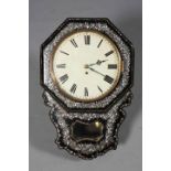 A VICTORIAN MOTHER-OF-PEARL INLAID PAPIER-MACHE DROP-DIAL SINGLE FUSEE WALL CLOCK,