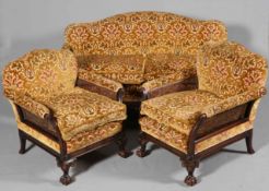 A CHIPPENDALE STYLE MAHOGANY BERGERE SUITE, late 19th/early 20th Century,