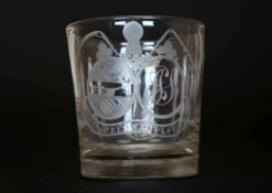 AN EARLY 19TH CENTURY ENGRAVED GLASS "FARMERS ARMS" CUP,