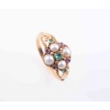 A GEORGIAN EMERALD, SPINEL AND PEARL RING,