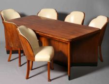AN ART DECO WALNUT DINING SUITE, the table with half-veneered rectangular top with rounded corners,