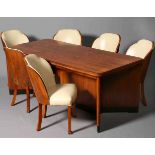 AN ART DECO WALNUT DINING SUITE, the table with half-veneered rectangular top with rounded corners,