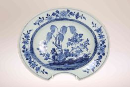 A CHINESE BLUE AND WHITE PORCELAIN BARBER'S BOWL, PROBABLY QIANLONG PERIOD, of oval form,
