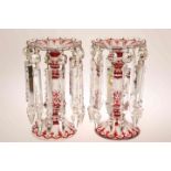 A FINE PAIR OF BOHEMIAN TABLE LUSTRES, CIRCA 1870, picked out with ruby, white and gilt,