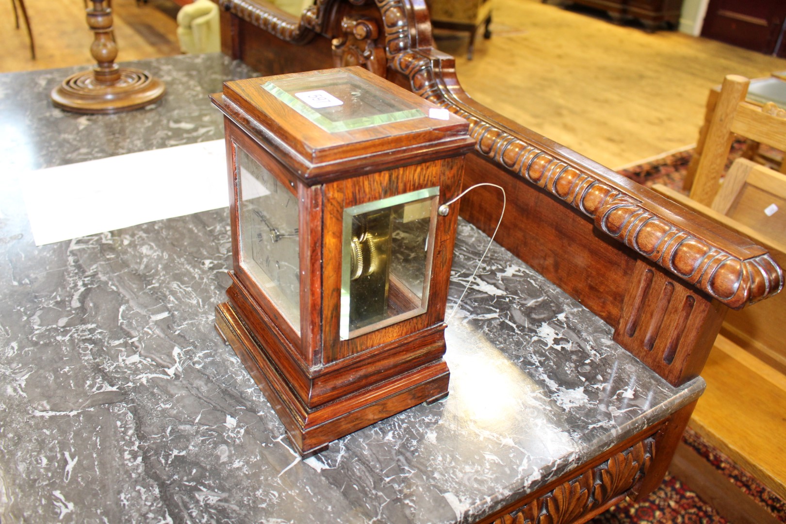 A ROSEWOOD MANTEL CLOCK, CIRCA 1850, with top and side bevelled viewing glasses, - Image 4 of 7