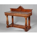 A WILLIAM IV MAHOGANY AND MARBLE TOPPED SERVING TABLE, fitted with a drawer to each end.