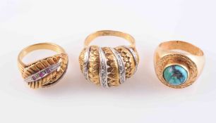 THREE GOLD RINGS, to include a gold and turquoise set ring,